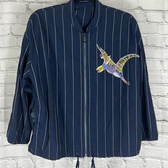 Jacket sequin bird embellished pinstripe navy blue size medium - Picture 1 of 10
